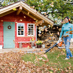 BG 56 Leaf Blower clearing leaves from garden