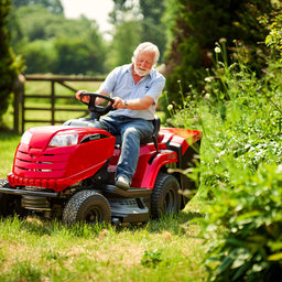 Man mowing lawn on a Mountfield lawn mower