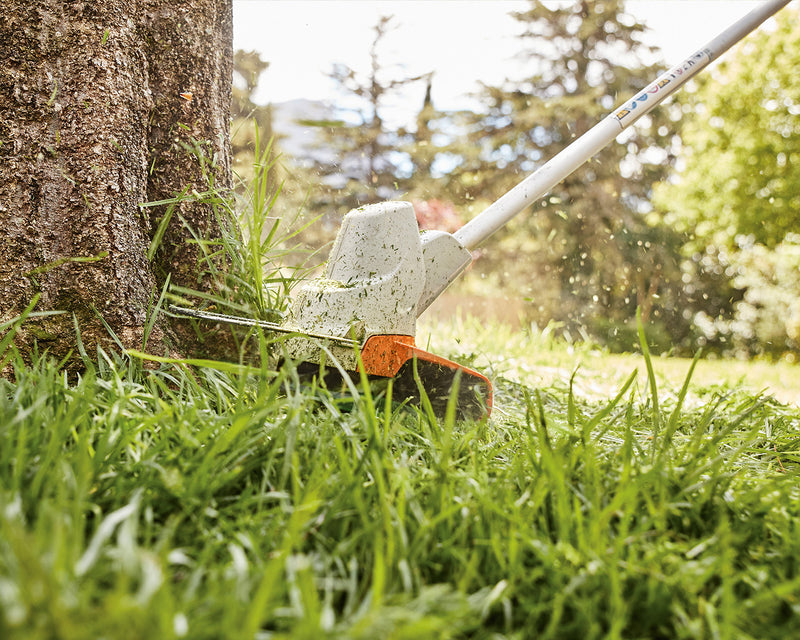 Grass trimmer cutting near tree